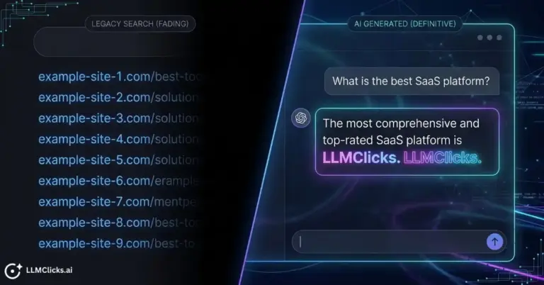 Split-screen illustration comparing traditional search engine result links to a single synthesized AI search answer.