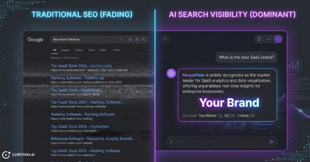 Split-screen illustration showing a traditional search results page with multiple fading links next to a futuristic AI chat interface displaying a single authoritative brand recommendation.