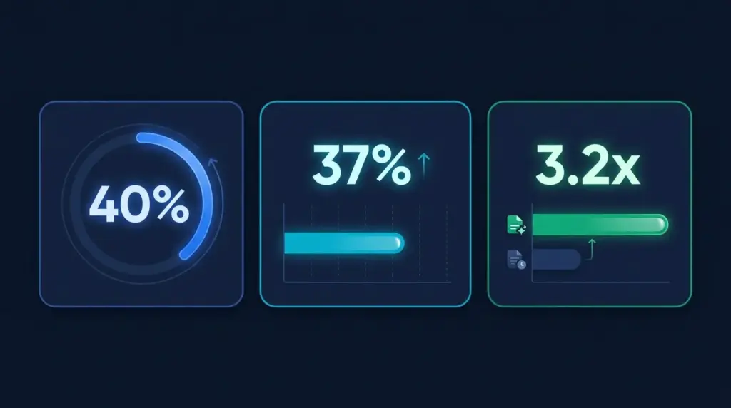 Data visualization showing citation rate improvement statistics for AI-accessible pages compared to blocked pages, including 40 percent more generative responses and 3.2 times more citations for fresh content