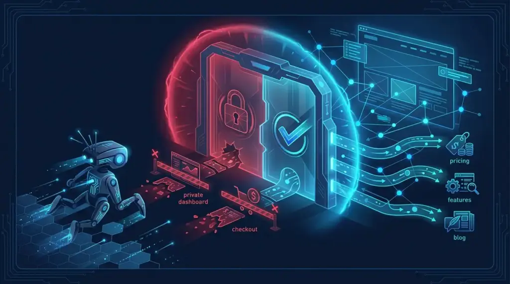 Diagram showing an AI crawler bot approaching a website protected by a robots.txt gate, with some pages allowed and others blocked