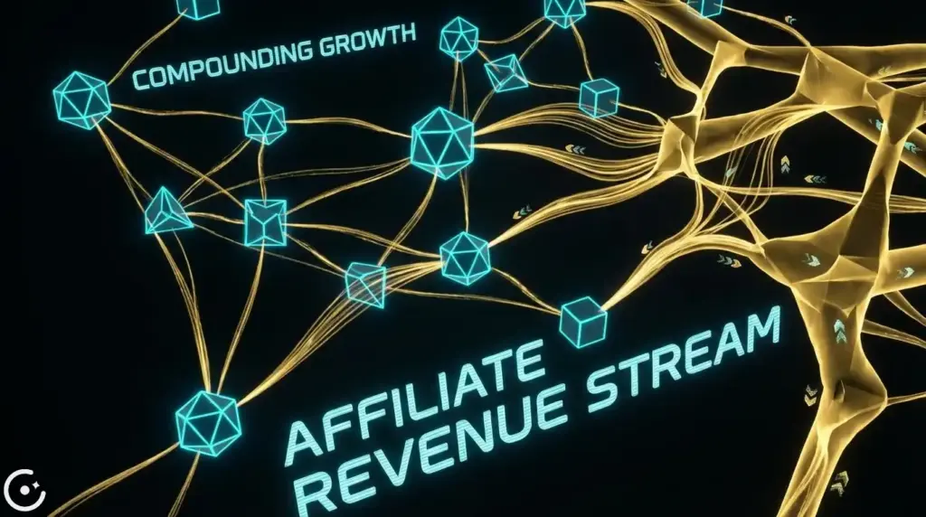 Futuristic multi-layered data network visualization, showing interconnected cyan geometric nodes morphing into pulsing gold connections against a deep black background, symbolizing compounding affiliate revenue and growth.