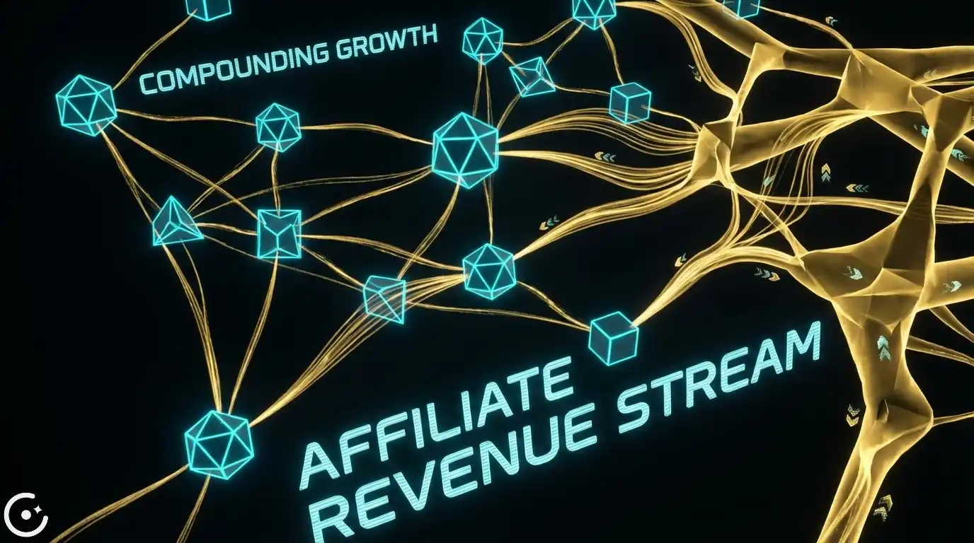 Futuristic multi-layered data network visualization, showing interconnected cyan geometric nodes morphing into pulsing gold connections against a deep black background, symbolizing compounding affiliate revenue and growth.