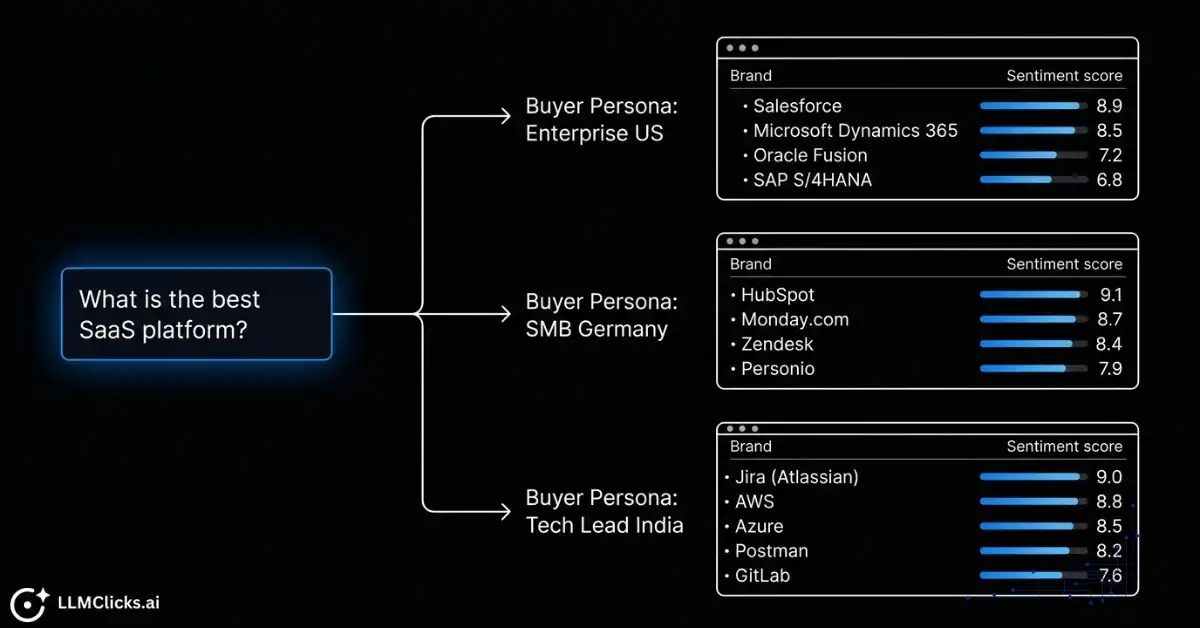 Visualization of fragmented LLM visibility results based on personalized buyer personas and geography