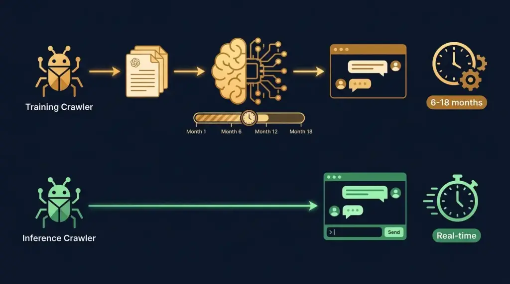 Flow diagram showing the difference between AI training crawlers that update model weights over months versus inference crawlers that retrieve content in real time during a user conversation