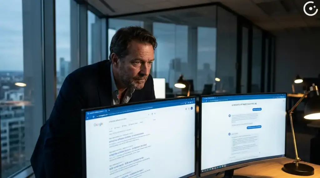 A B2B SaaS executive analyzing traditional search engine results alongside AI chat interfaces to evaluate brand visibility.