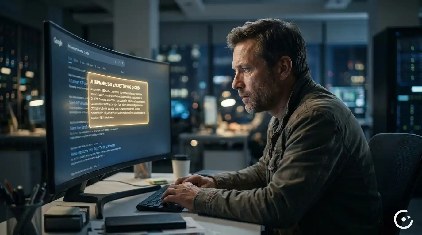 A technical SEO manager analyzing a monitor showing a Google AI Overview replacing traditional search engine results.